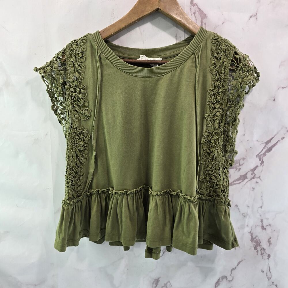 Anthropologie T Shirt Womens Small Green Moss Babydoll Lace Crochet Peplum